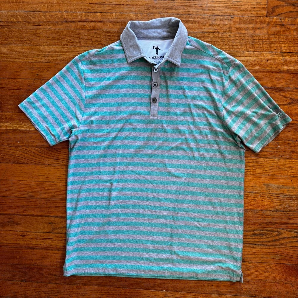 AndersonOrd Mens Performance Golf Polo‎ Shirt Medium Teal Gray Striped Altadena